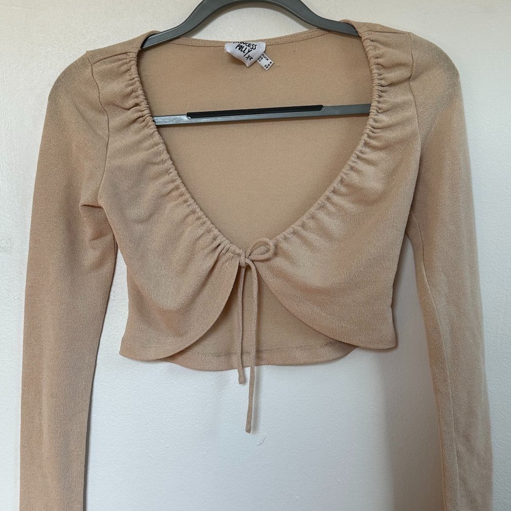 Princess Polly Long Sleeve Tie in Front Beige Top